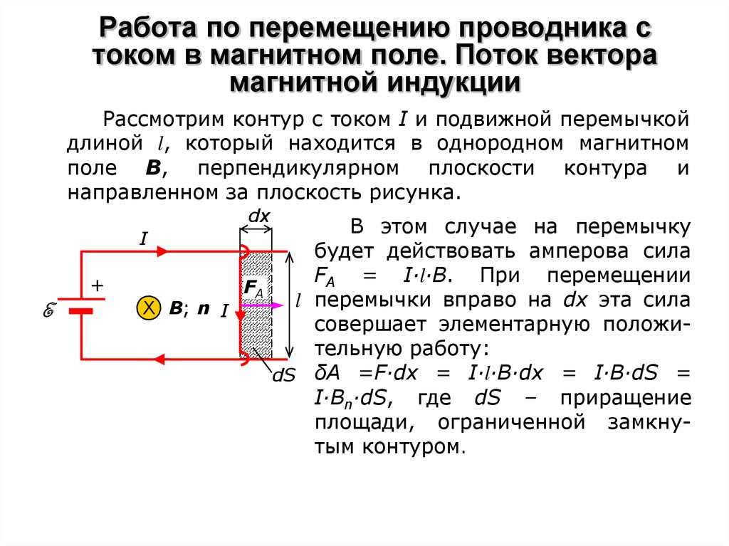 Магнитный поток проводника. Формула для работы при перемещении проводника в магнитном поле. Работа по перемещению проводника и контура в магнитном поле. Работа перемещения контура с током в магнитном поле. Работа при перемещении проводника с током в магнитном поле.