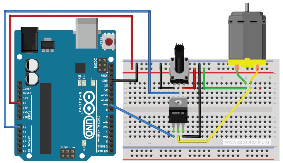 Arduino проект 11:  Транзистор MOSFET. Показываем усилительные качества транзистора. На примере электродвигателя изменяем обороты