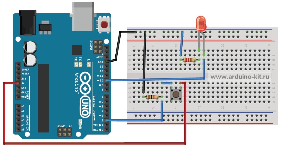 Arduino проект 2: Обрабатываем нажатие кнопки на примере зажигания светодиода. Боремся с дребезгом контактов