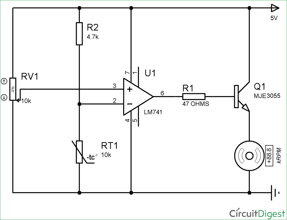 circuit diagram of temperature controlled DC fan using Thermistor