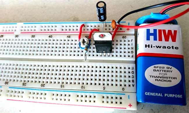 Hardware implementation of LM317 variable voltage regulator circuit