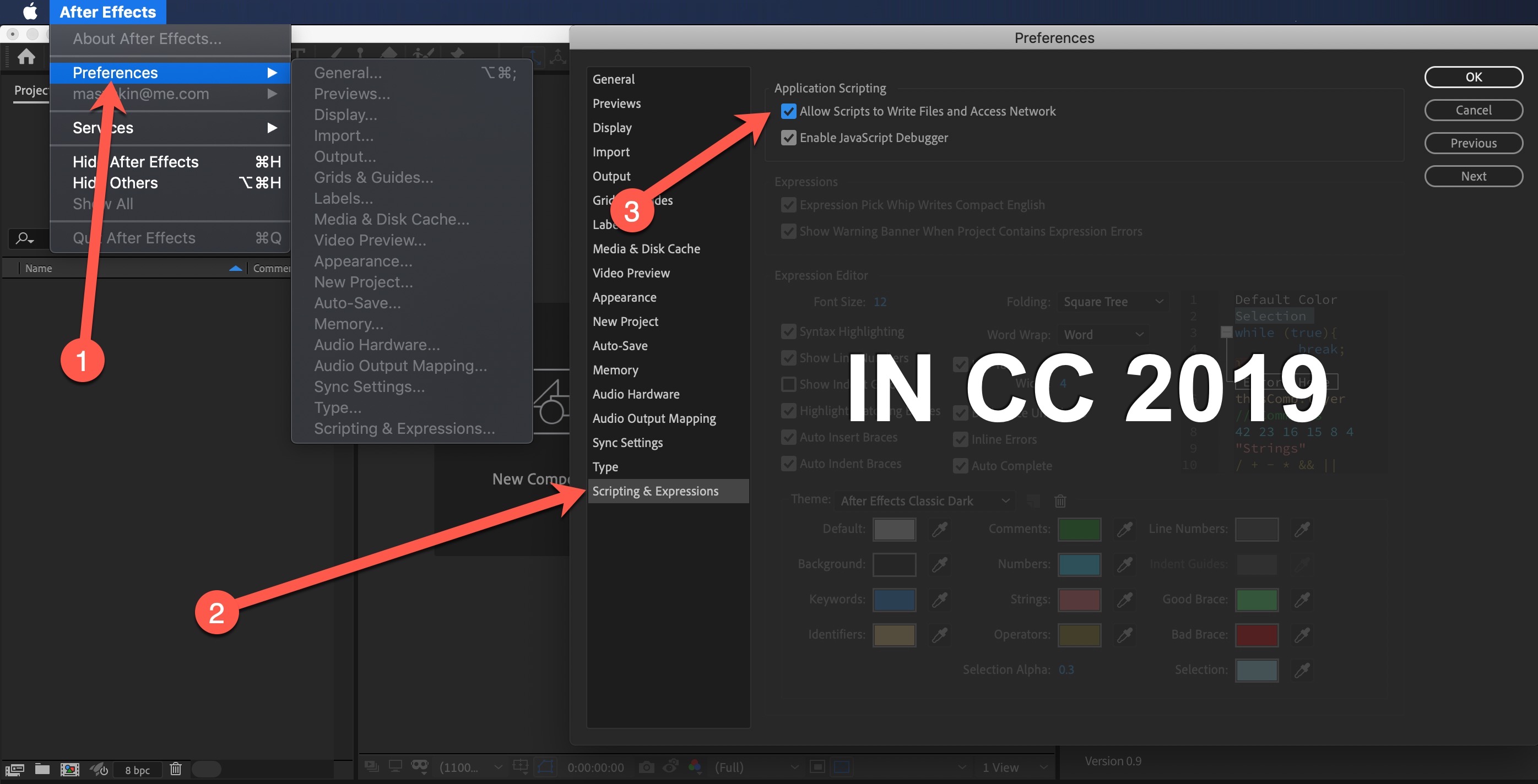 After network. After Effects preferences. Preferences в Афтер эффект. Scripting expressions в after Effects. Allow scripts to write files and access Network after Effects 2019.
