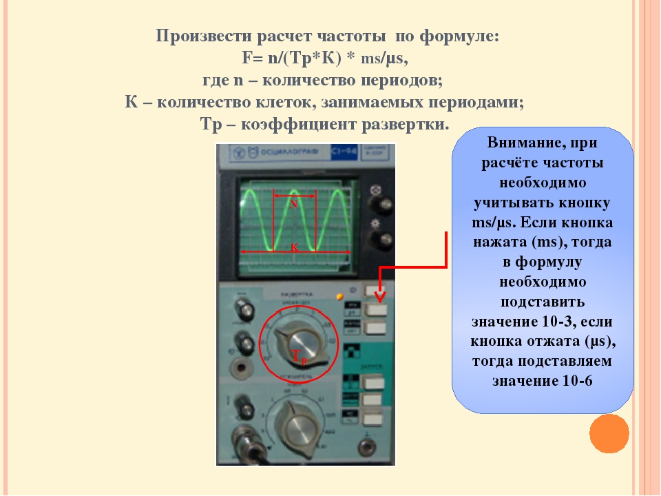 Измерение частоты. Частота развертки осциллографа формула. Как определить частоту по осциллографу. Как рассчитать частоту в осциллографе. Коэффициент развертки осциллографа.