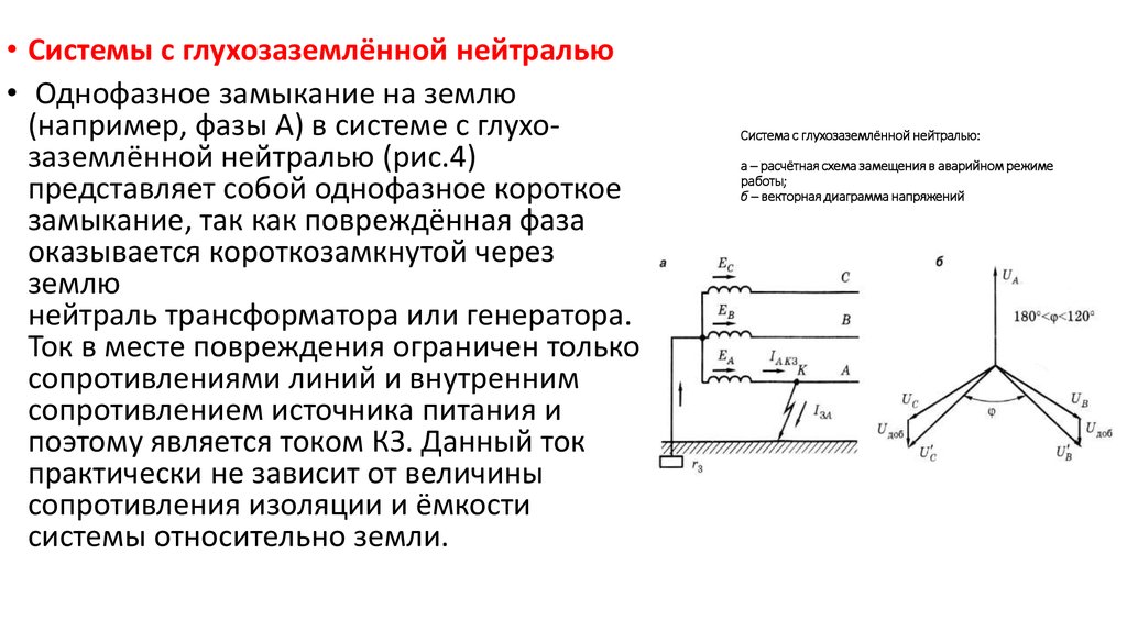 Замыкание на землю. Однофазные замыкания в системе с заземленной нейтралью.. Схема трансформатора с глухозаземленной нейтралью. Эффективно заземленная нейтраль схема. Однофазное короткое замыкание схема.