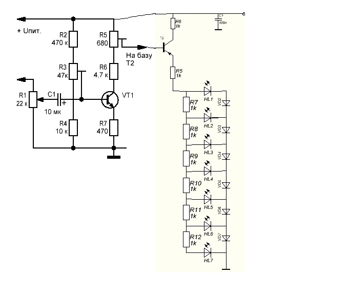 Схема индикатора выходной мощности унч светодиоды кт315