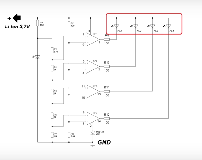 Схема индикатора заряда li ion аккумулятора на светодиодах