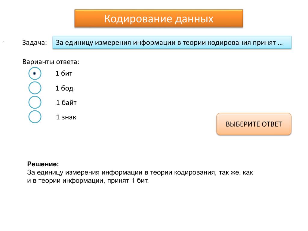 За единицу измерения информации принят. Кодирование данных. Основные понятия теории кодирования. Методы кодировки данных. Понятие кодирования данных.