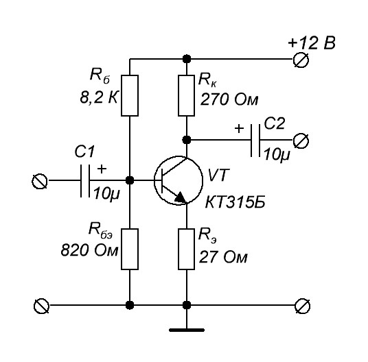 Принципиальная схема простейшего усилителя на транзисторе