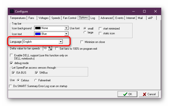 Настройка интерфейса и языка в программе SpeedFan