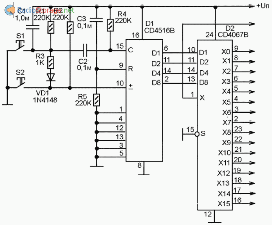 Микросхема переключатель. Cd4516 схема включения. Cd4528 схема включения. Схема кнопочного переключения. Электронный переключатель на к561тм3.