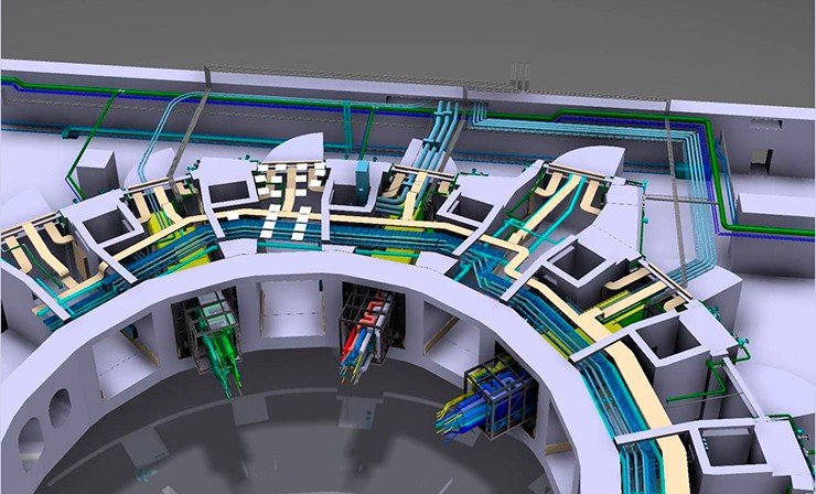 44 порта вакуумной камеры обеспечат доступ для удаленных погрузочно-разгрузочных операций и диагностики, а также для отопительных и вакуумных систем. Полномасштабный прототип вакуумной камеры был создан специалистами из Японии, России и США. Credit © ITER Organization