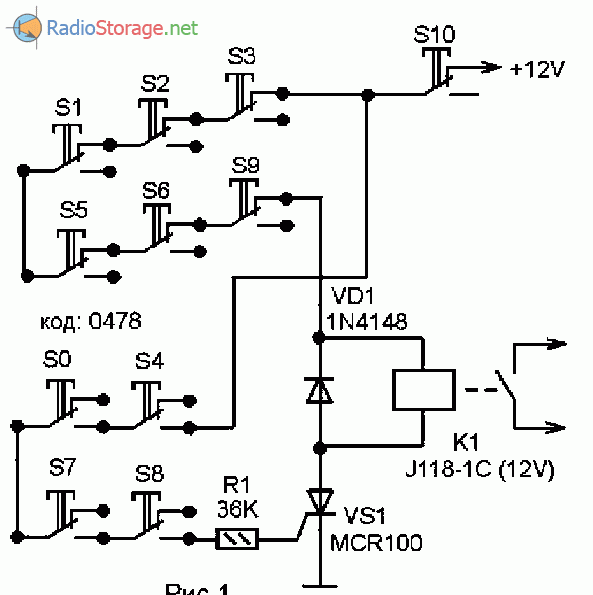 Схема простого кодового замка на тиристоре MCR100